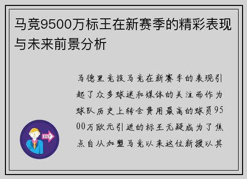 马竞9500万标王在新赛季的精彩表现与未来前景分析